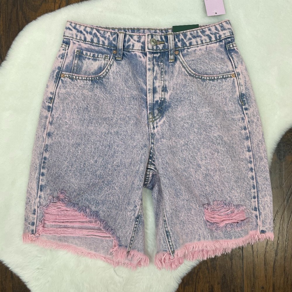 Wild Fable Denim Shorts 2 Pink Acid Wash High-Rise Bermuda Raw Hem‎ Ripped NWT
